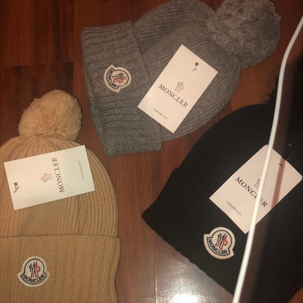 Moncler hats. Tan, Grey, and Black